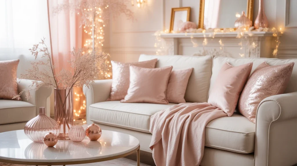 Soft blush and champagne holiday color palette with elegant gold ornaments and modern Christmas decor styling.