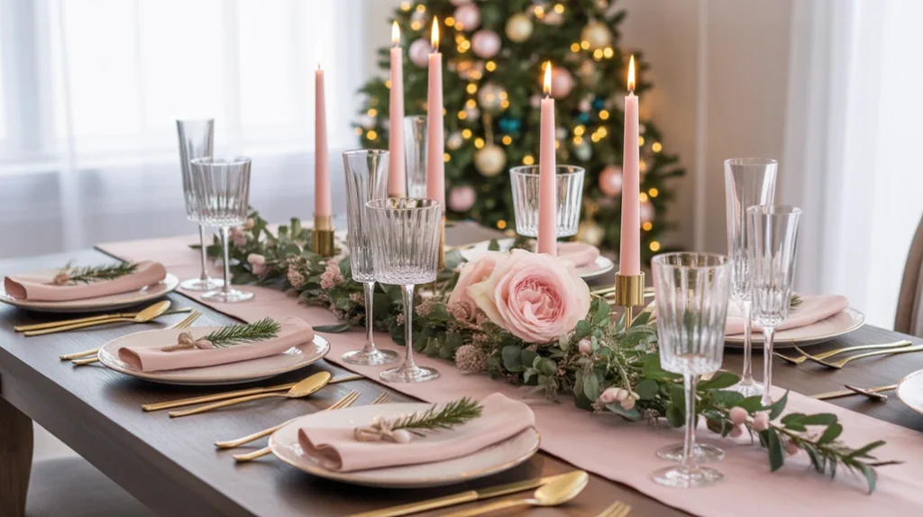 Romantic Christmas dining table with blush linens, gold flatware, and crystal glassware for a soft glam look.