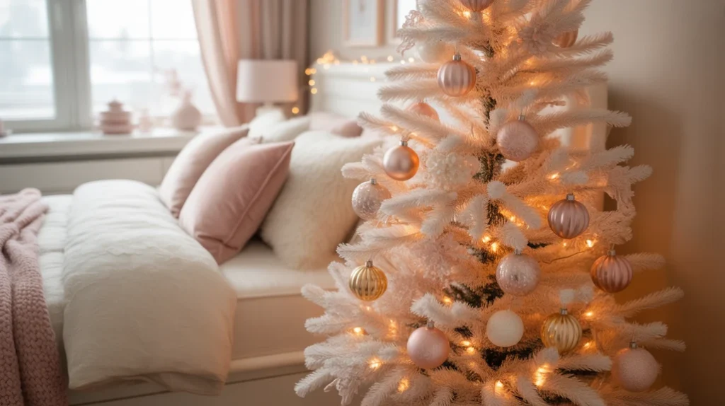 blush pink and cream christmas color palette with soft pastel ornaments and warm fairy lights for a cozy feminine style.