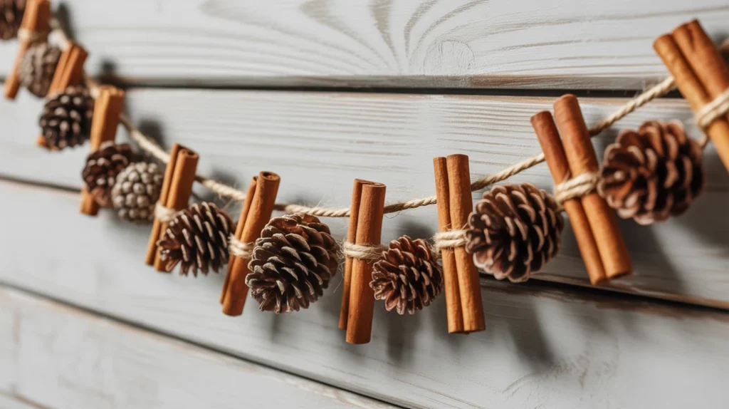 “DIY cinnamon stick garland with orange slices and pinecones for rustic holiday decor”