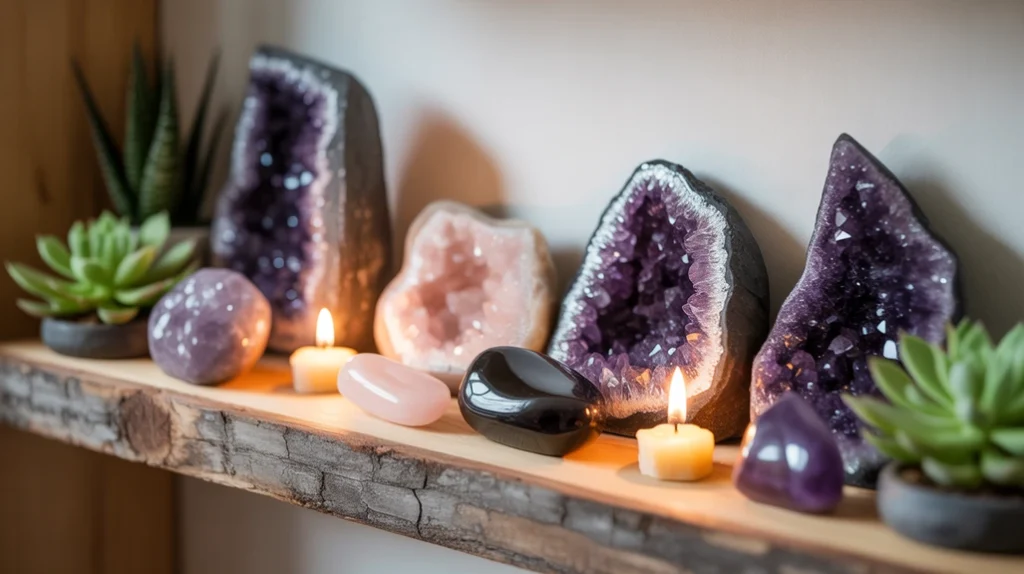 Crystals and candles styled as witchy bedroom decor.