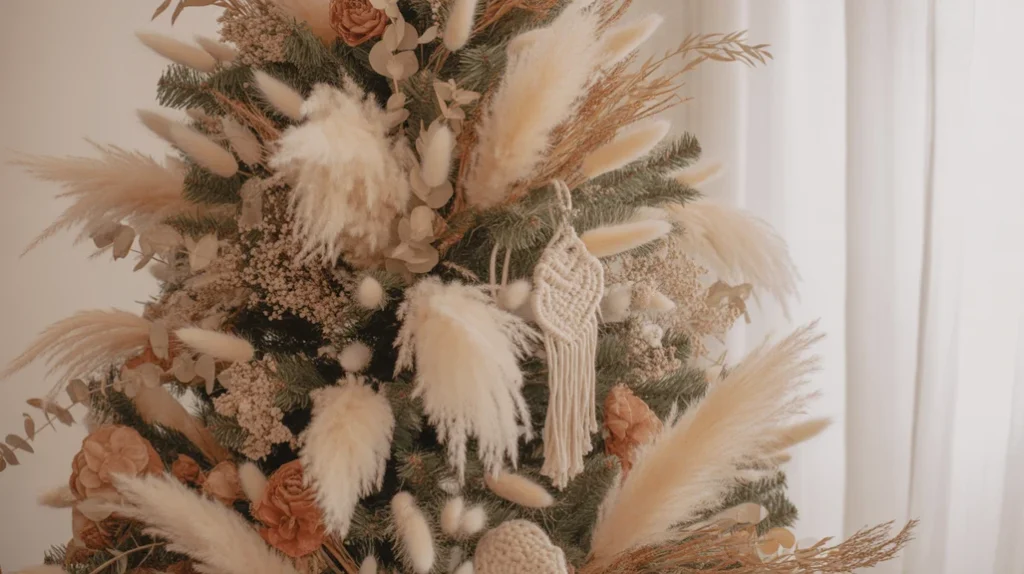 Dried flowers and pampas grass on a boho holiday tree.