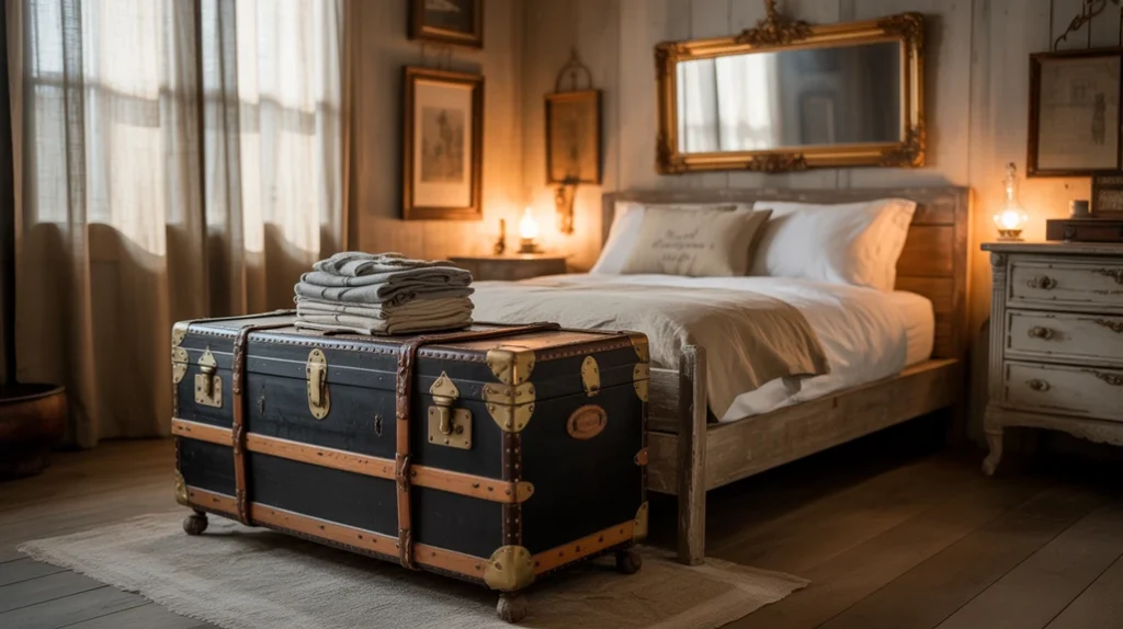 Farmhouse bedroom décor with antique trunk, distressed mirror, and rustic furniture.