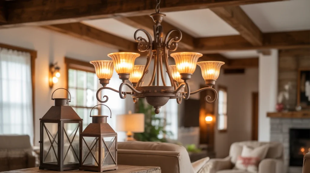 Rustic farmhouse chandelier and warm ambient lighting in a cozy living room.