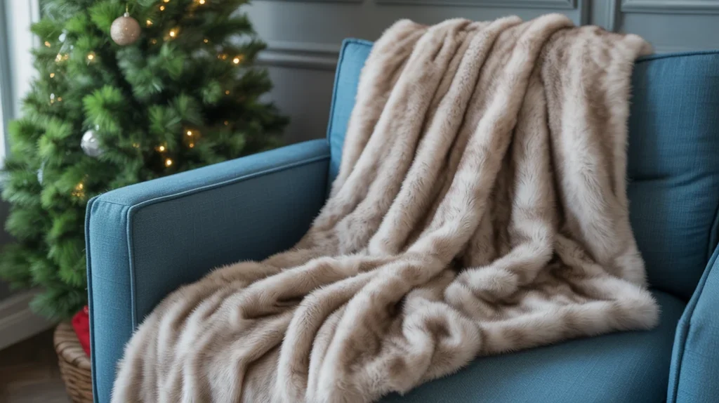 Faux-fur blanket on a blue armchair beside a Christmas tree, adding warmth to an elegant silver and blue Christmas living room.