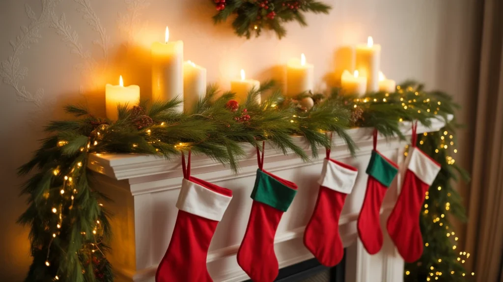 Fireplace mantel decorated with garlands, stockings, and candles for Christmas living room ideas