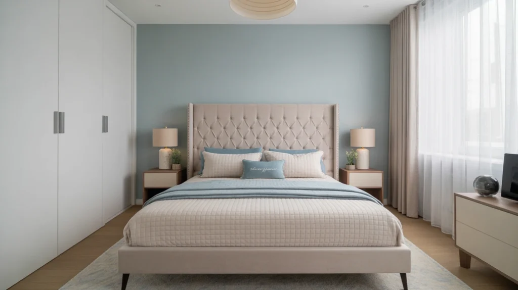 Bedroom idea with a calming light blue accent wall behind the bed and neutral furniture.