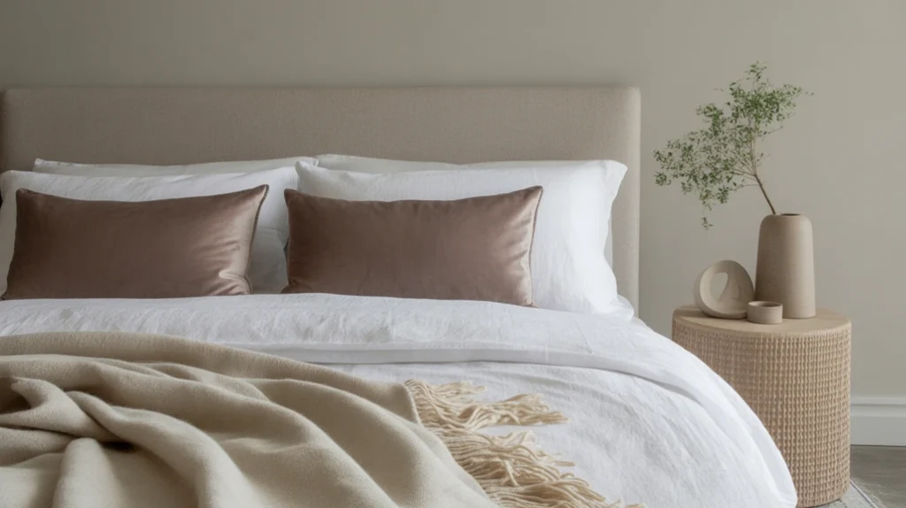 Layered textures in a black bedroom featuring velvet cushions, linen bedding, and a soft wool throw.