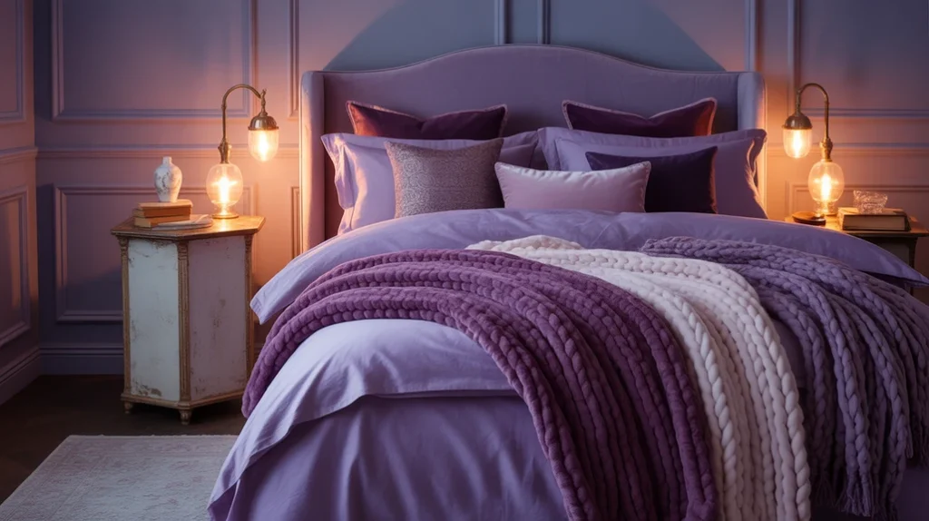 Velvet, silk, and linen textures layered together for a cozy yet chic look in purple bedroom ideas.