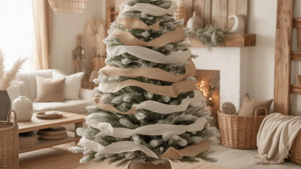 White Christmas tree styled with linen and burlap ribbons for rustic minimalist holiday decor.