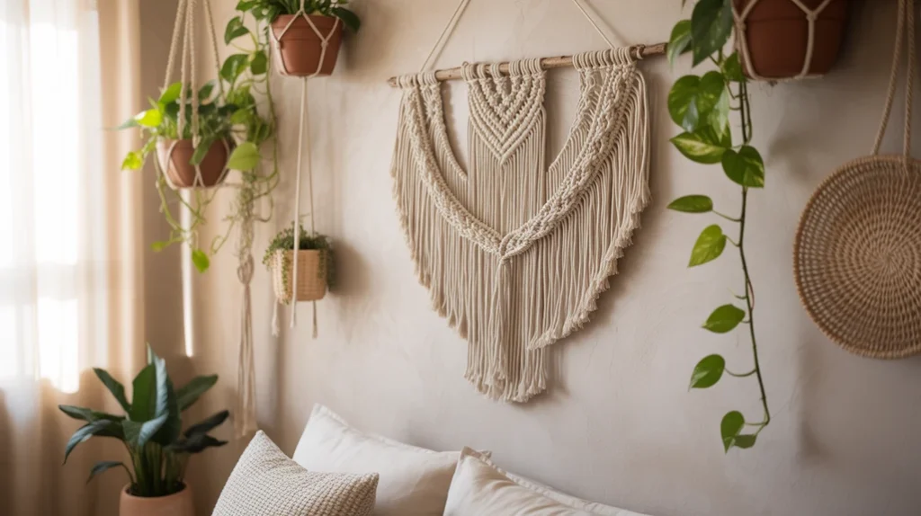 Macramé wall art and woven decor bringing texture and beachy warmth to a boho coastal bedroom.