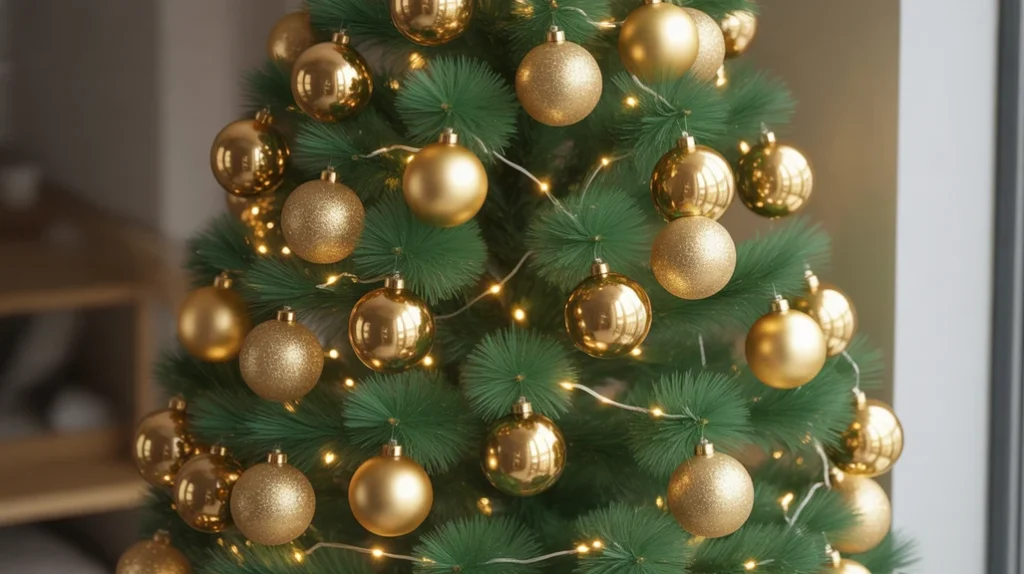 Matte and glossy gold baubles creating contrast and sparkle on a designer Christmas tree.