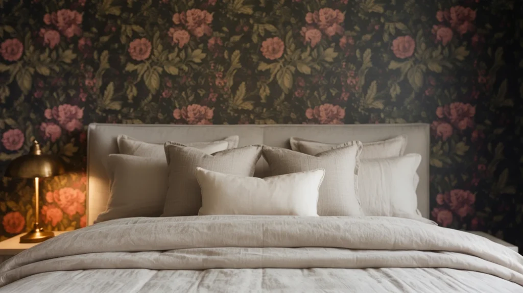 Cozy moody bedroom with dark floral wallpaper as a dramatic accent wall.