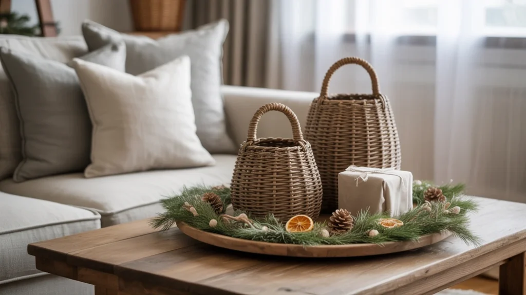 Modern Christmas living room with linen throws, woven baskets, and natural wood accents.