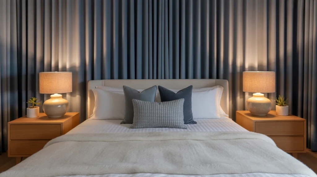Navy blue accents with white bedding and brass lighting adding depth to a chic blue and white bedroom.