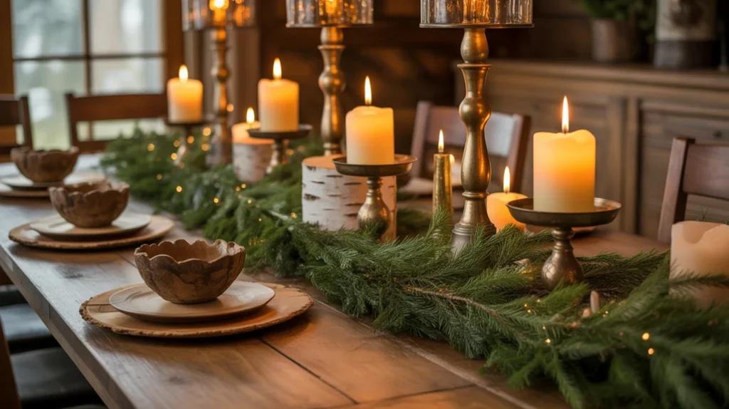 Navy, burgundy, and copper holiday color scheme featuring velvet ribbons and metallic accents for dramatic moody Christmas style.