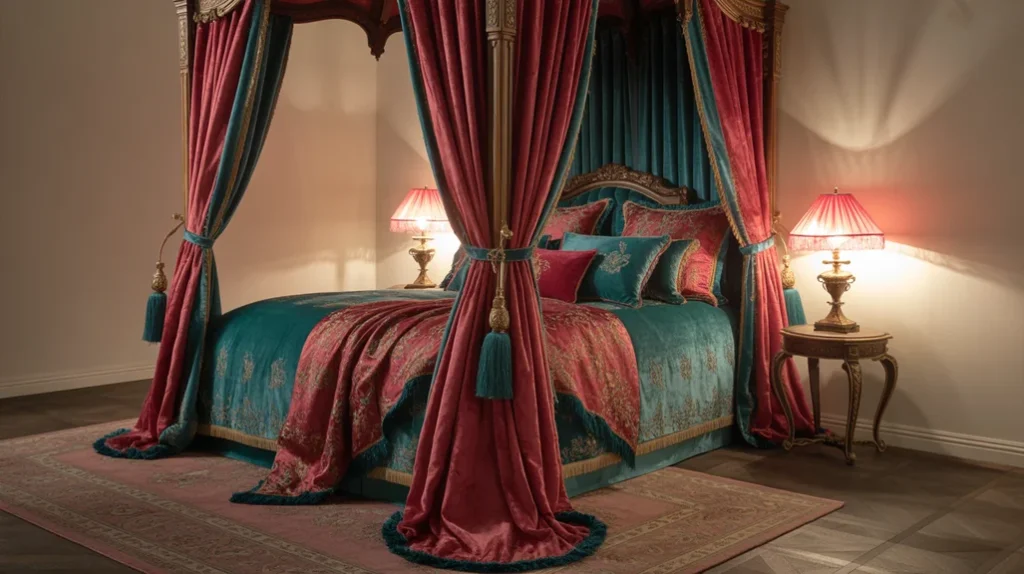 Maximalist bedroom with oversized artwork as a dramatic focal point.