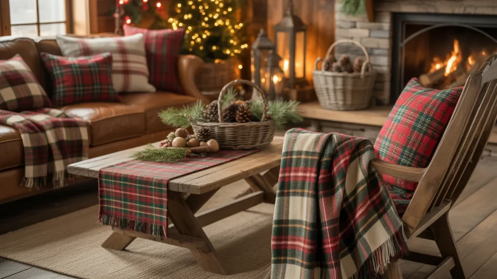 Cozy holiday living room with plaid throws, flannel pillows, and rustic Christmas accents