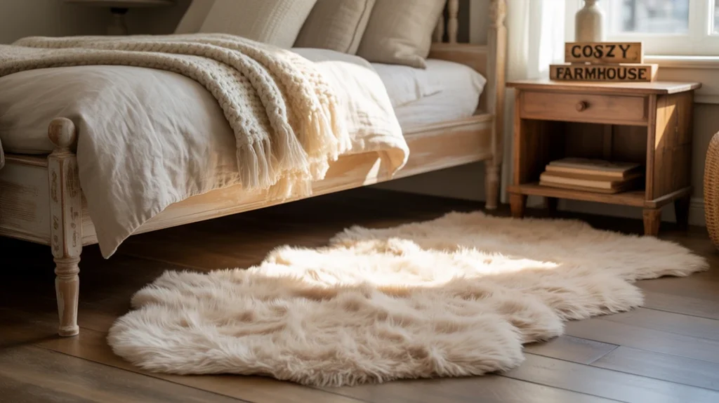 Plush shag rug under a wooden bed with layered blankets and warm farmhouse décor.