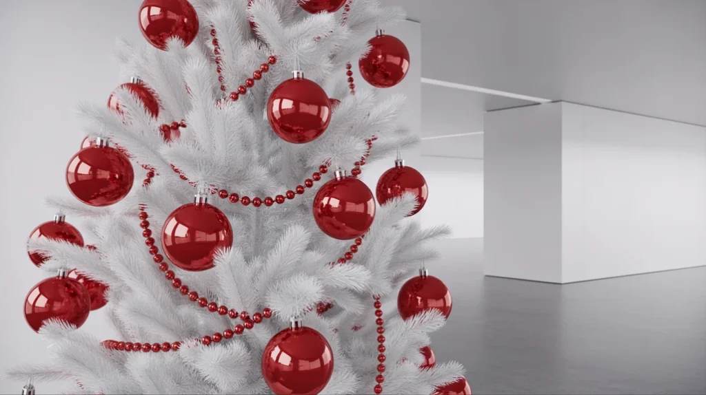 white christmas tree with glossy red ornaments and metallic garland—modern twist on red and white christmas decor ideas 2025.