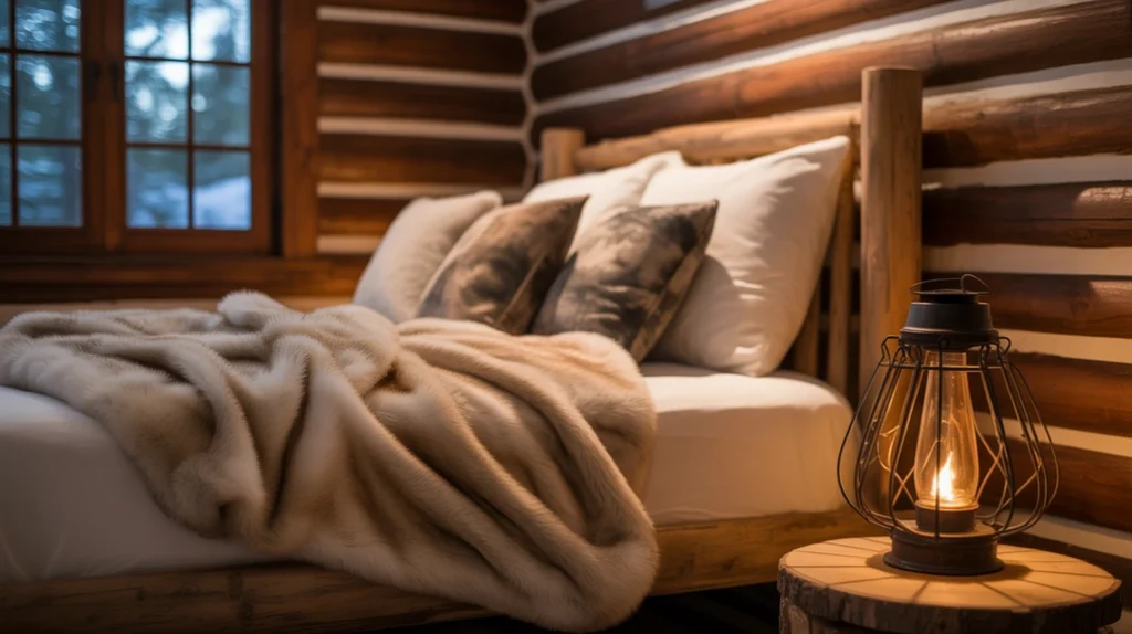 Rustic cabin-style bedroom decor with log walls and fur throw blankets