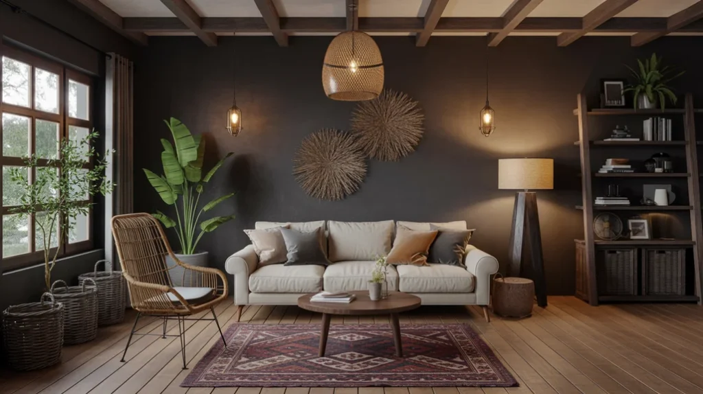 Rustic bohemian living room with wooden beams, woven baskets, and natural textures