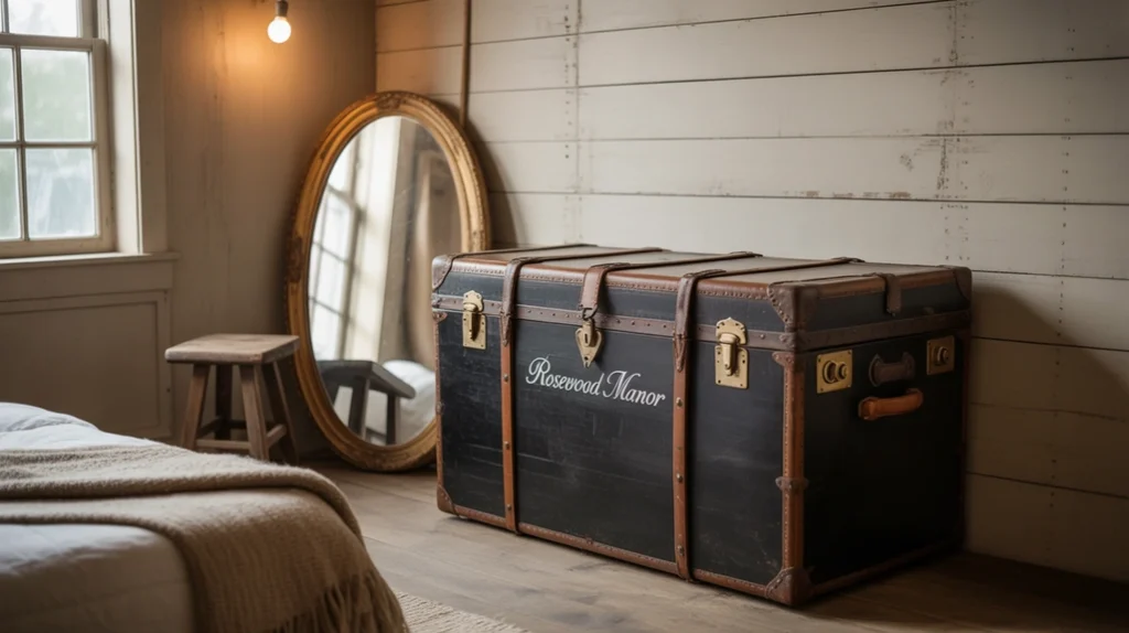 Rustic farmhouse bedroom with antique trunk and distressed mirror.