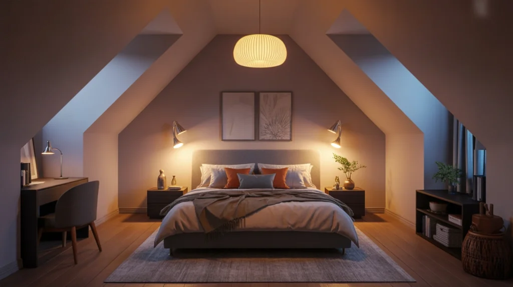 soft-ambient-lighting-attic-bedroom – attic bedroom ideas with layered lighting for warm and inviting ambiance