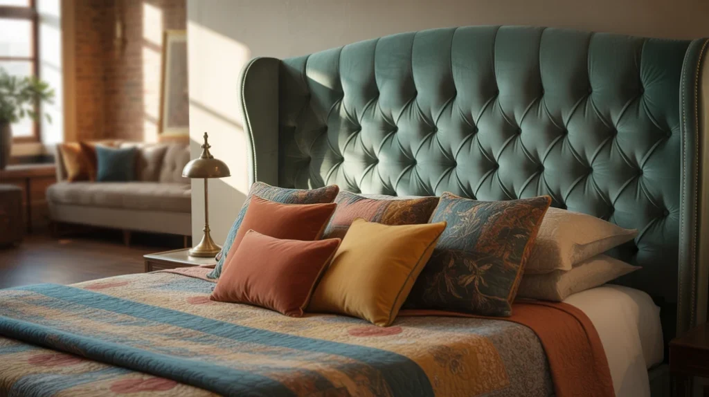 Statement headboard used as the focal point in modern eclectic bedroom design ideas.