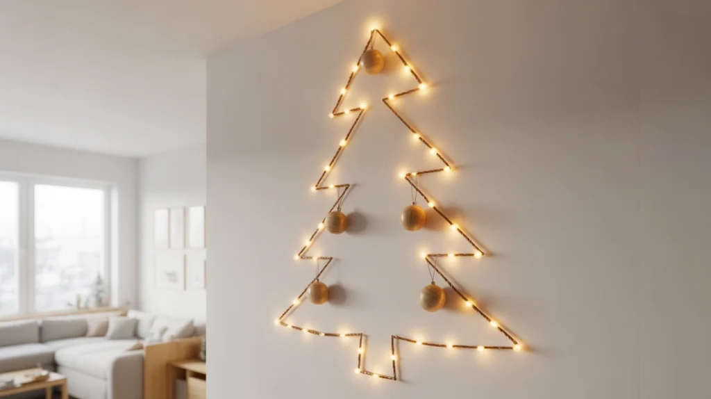 Wall-mounted Christmas tree made of string lights and garlands — creative minimalist holiday design.