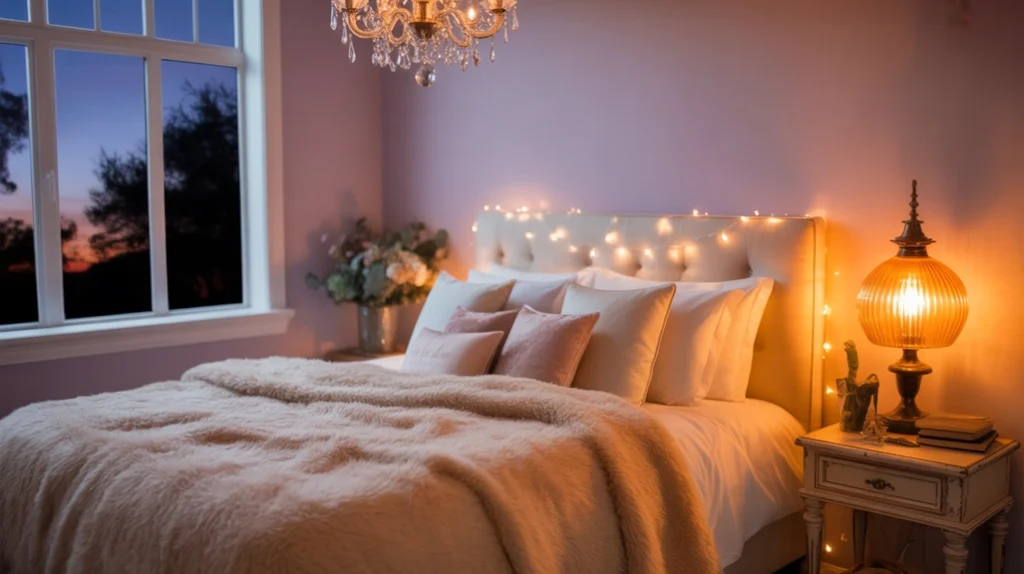 Warm bedroom lighting with bedside lamps, fairy lights, and chandelier glow