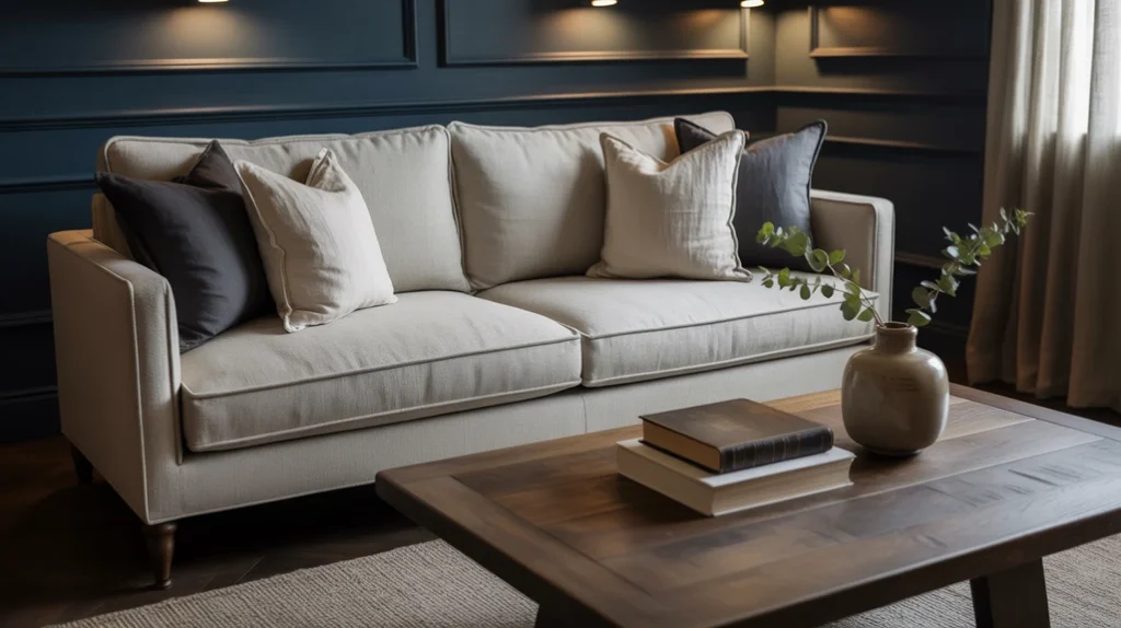wood-furniture-navy-bedroom-idea → Warm wooden furniture in a navy blue bedroom design
