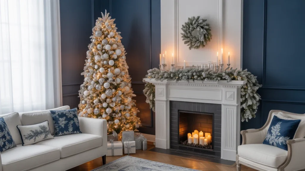 classic navy and white Christmas living room with frosted garland and silver ornaments for timeless winter decor ideas.