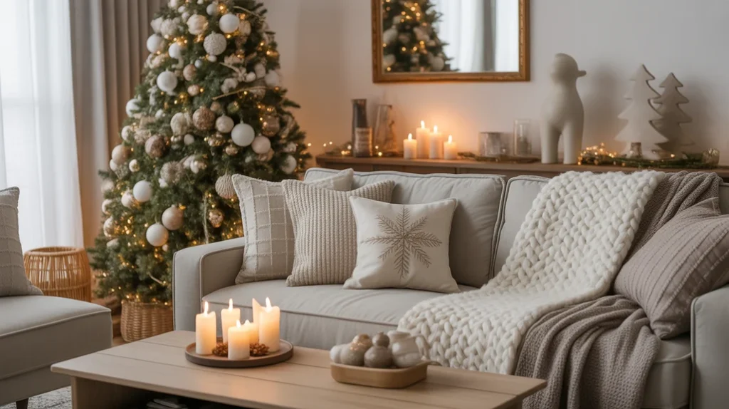 Cozy taupe and white holiday living room with linen cushions, pine wreaths, and Scandinavian minimalist styling.