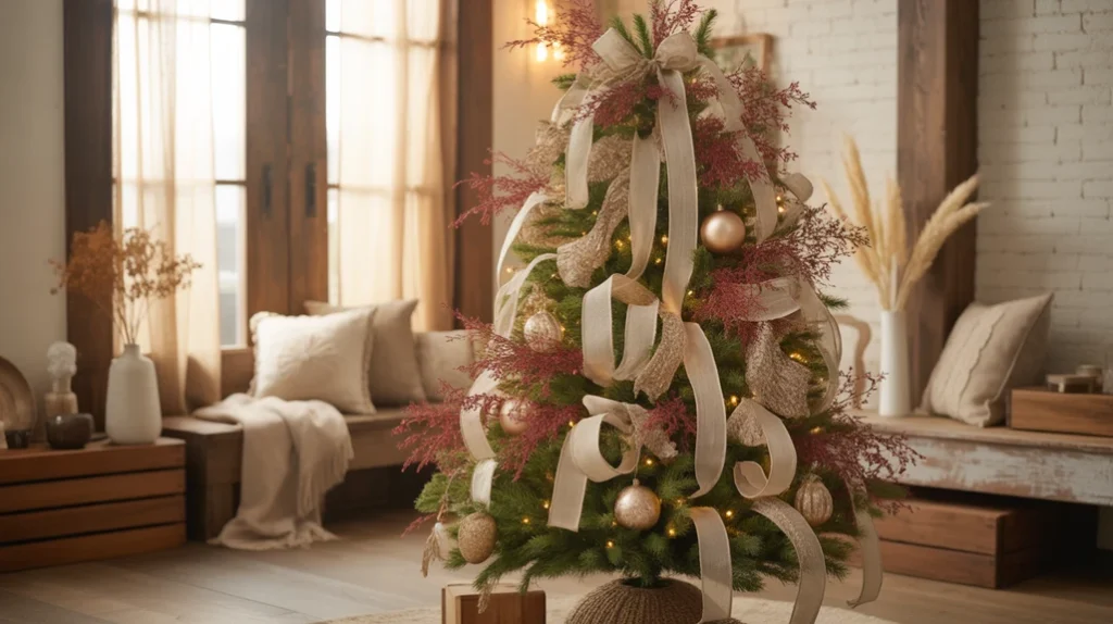 Soft berry red and champagne gold holiday tree with linen ribbons and metallic ornaments in a modern farmhouse living room.