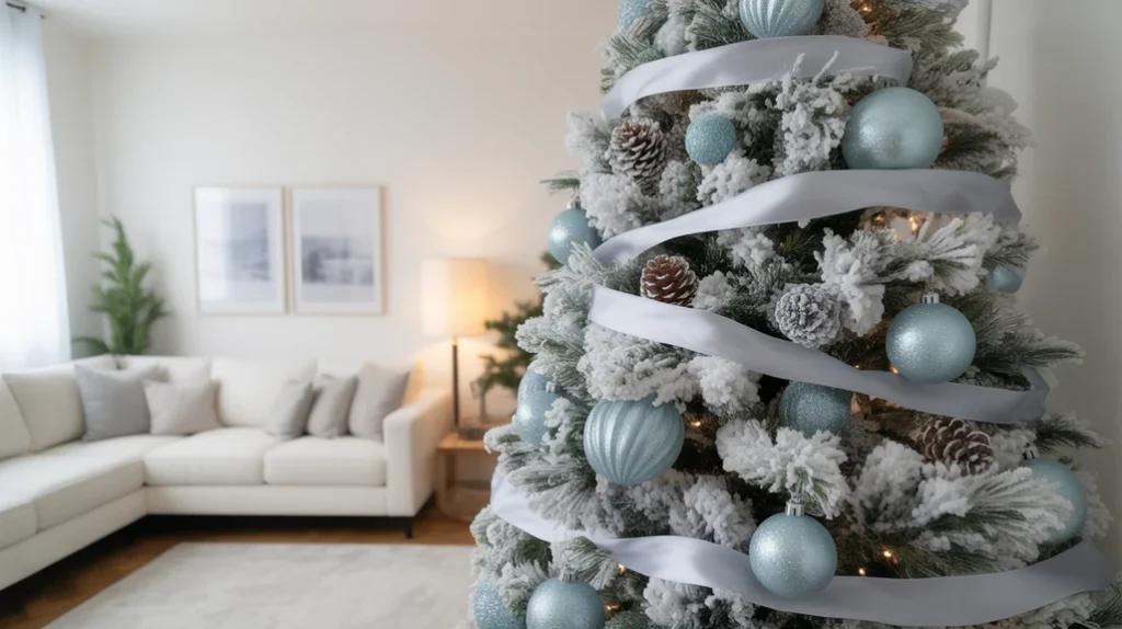Ice blue and silver minimalist Christmas tree with satin ribbon, frosted pinecones, and white flocked branches in a Japandi-style interior.