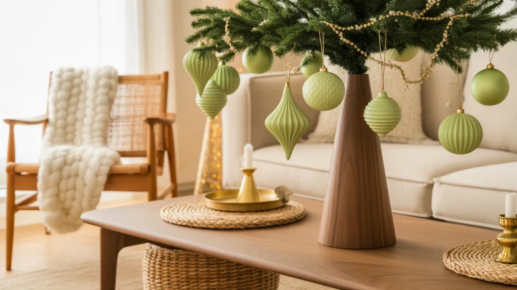 Pistachio and soft gold modern Christmas palette featuring pastel ornaments and woven textures.