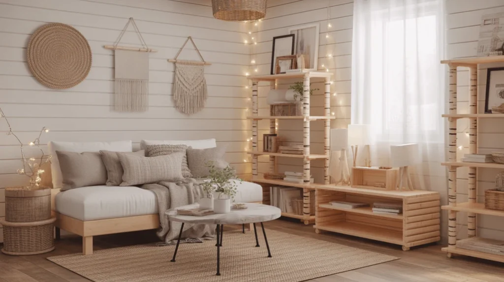Rustic neutral living room styled with taupe and white palette, wood accents, and woven natural textures.