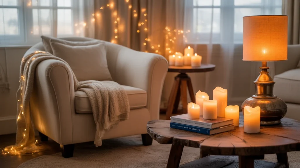 warm living room lighting with candles and string lights