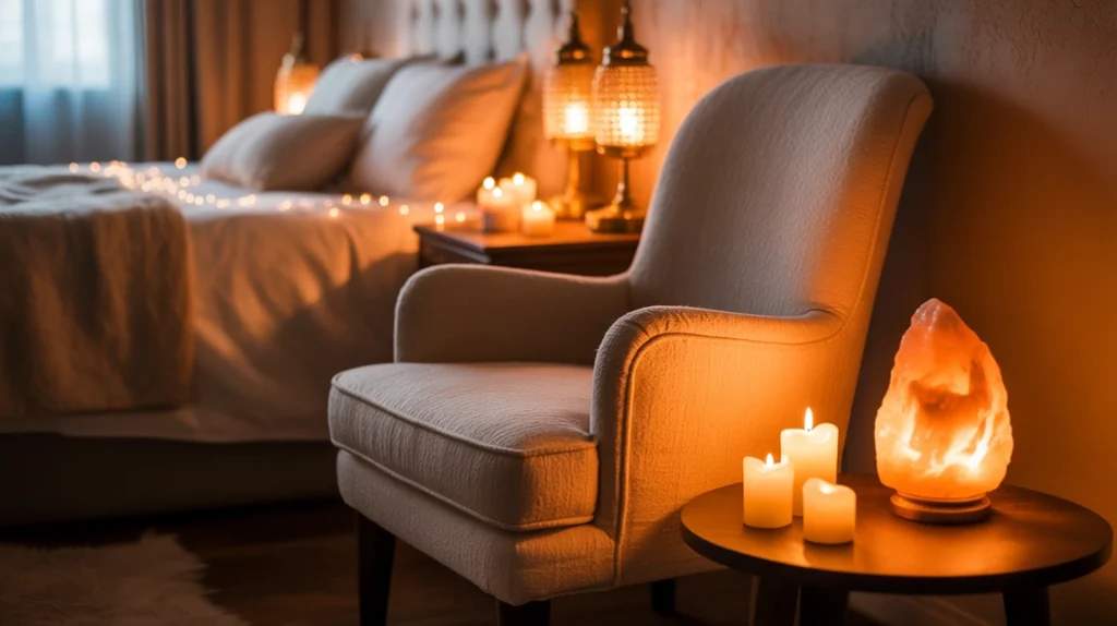Fairy lights and lanterns adding glow to witchy bedroom ideas.