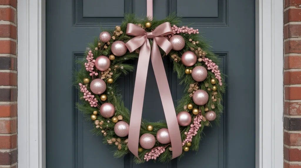 Front door wreath decorated with blush ornaments, satin ribbon, and frosted pine branches for a romantic holiday welcome.