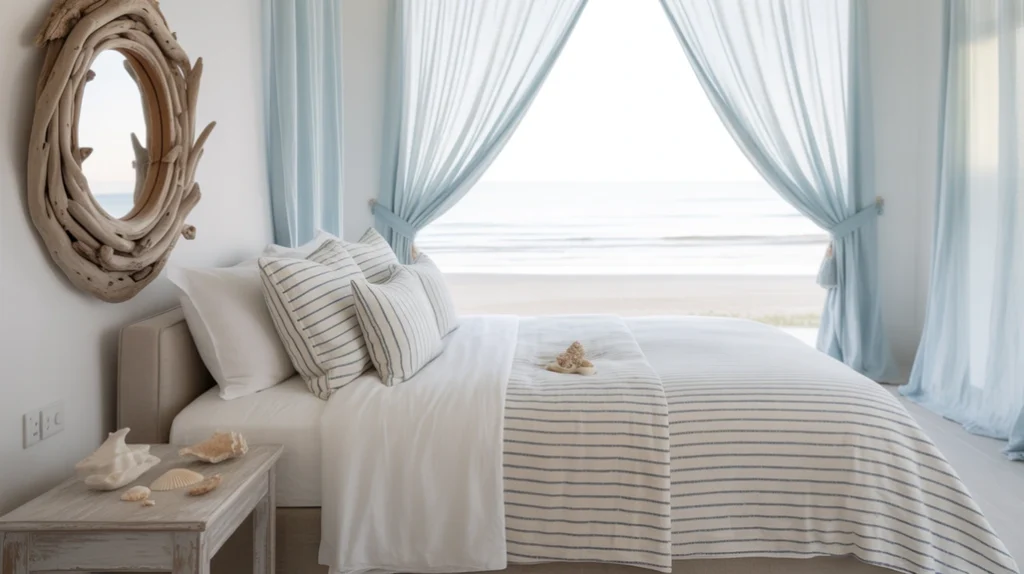 Coastal-inspired blue and cream bedroom with driftwood decor and light linen bedding.