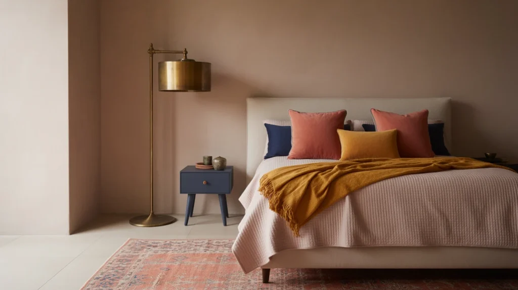 Vibrant color contrast with navy, mustard, and coral hues in a stylish eclectic bedroom design.
