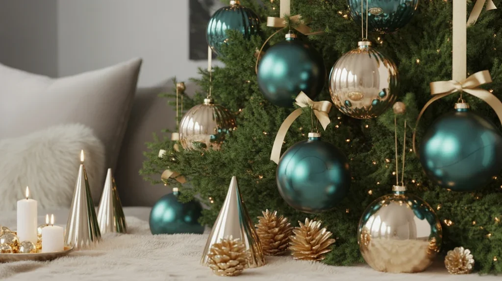 Deep teal and champagne Christmas decorations in a modern cozy color palette with gold garlands and soft lighting.
