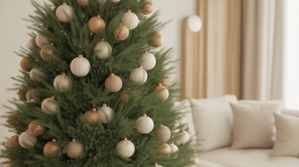 Earthy neutral Christmas tree with beige and gold decor.