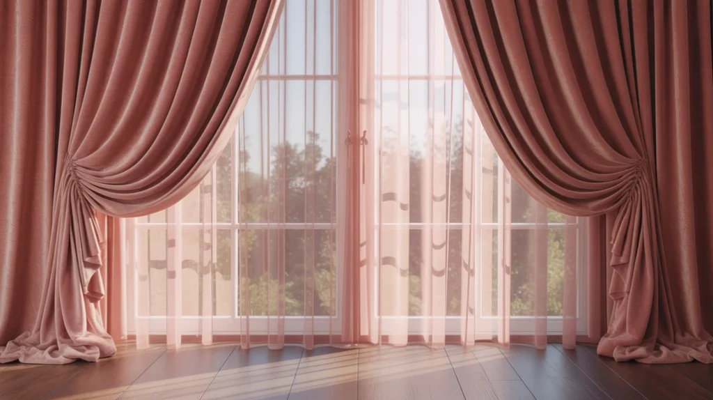Romantic bedroom with elegant velvet curtains layered with sheers.