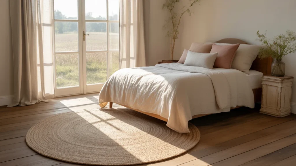 Rustic farmhouse bedroom décor with jute rug, linen curtains, and cotton fabrics.