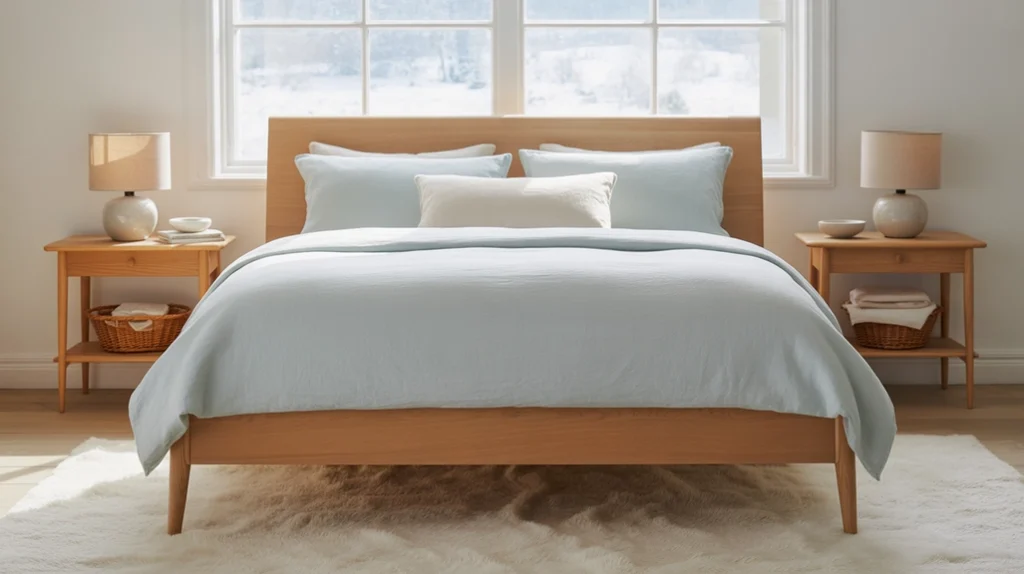 Scandinavian light blue bedroom styled with wooden bed frame and natural décor elements.