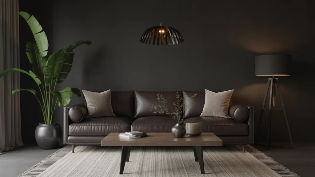 Minimalist dark boho living room style with brown sofa, wooden table, and indoor plant