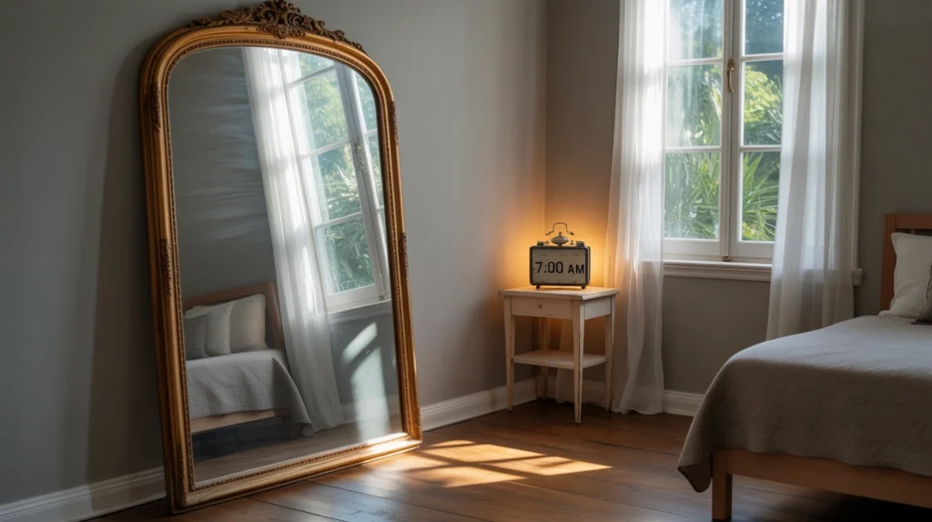 Small bedroom with large mirror reflecting natural light and minimalist furniture.